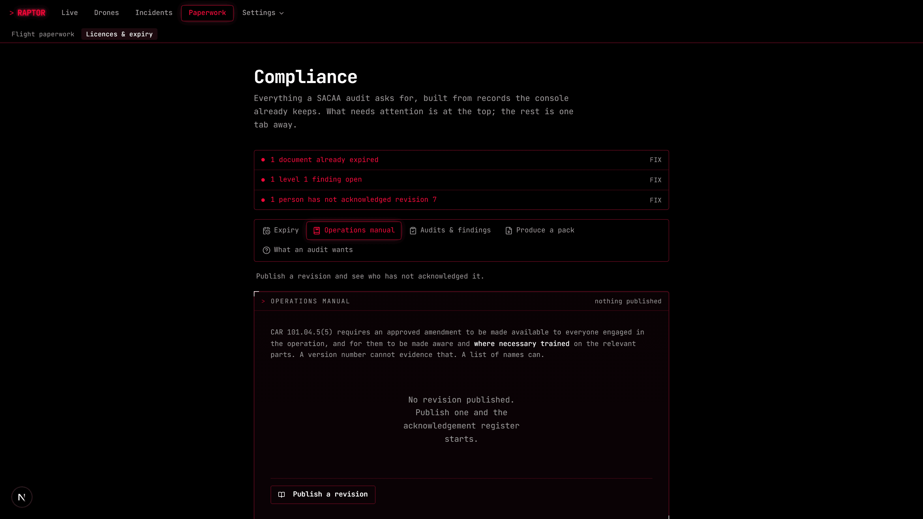The RAPTOR operations manual register: revision 7, effective from 2026-08-26, approved 2026-08-20, training required, a summary of what changed, and a distribution list naming each person and whether they have acknowledged it.